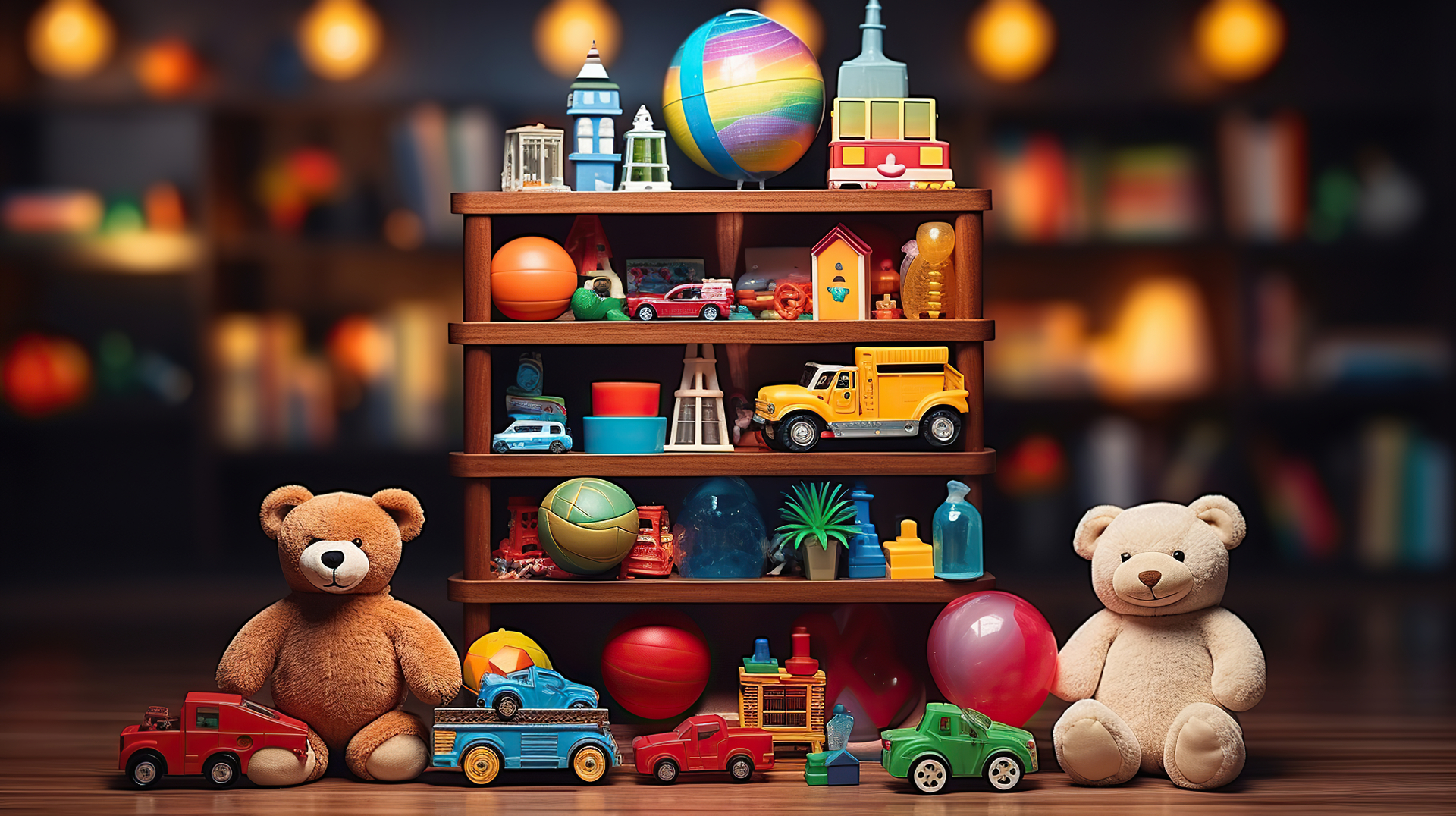 Many colorful toys collection on the desk. Generative AI